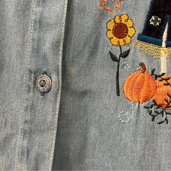 Vintage Falls Creek Fall Scarecrow Embroidered Denim Chambray Button Down Shirt - Picture 5 of 6